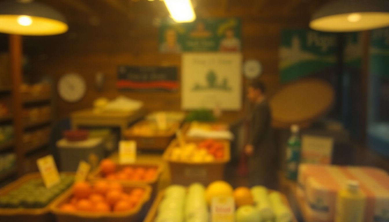 An abstract, impressionistic photograph composed of blurred, colorful shapes and textures representing various elements of Hastings' agricultural and food culture.