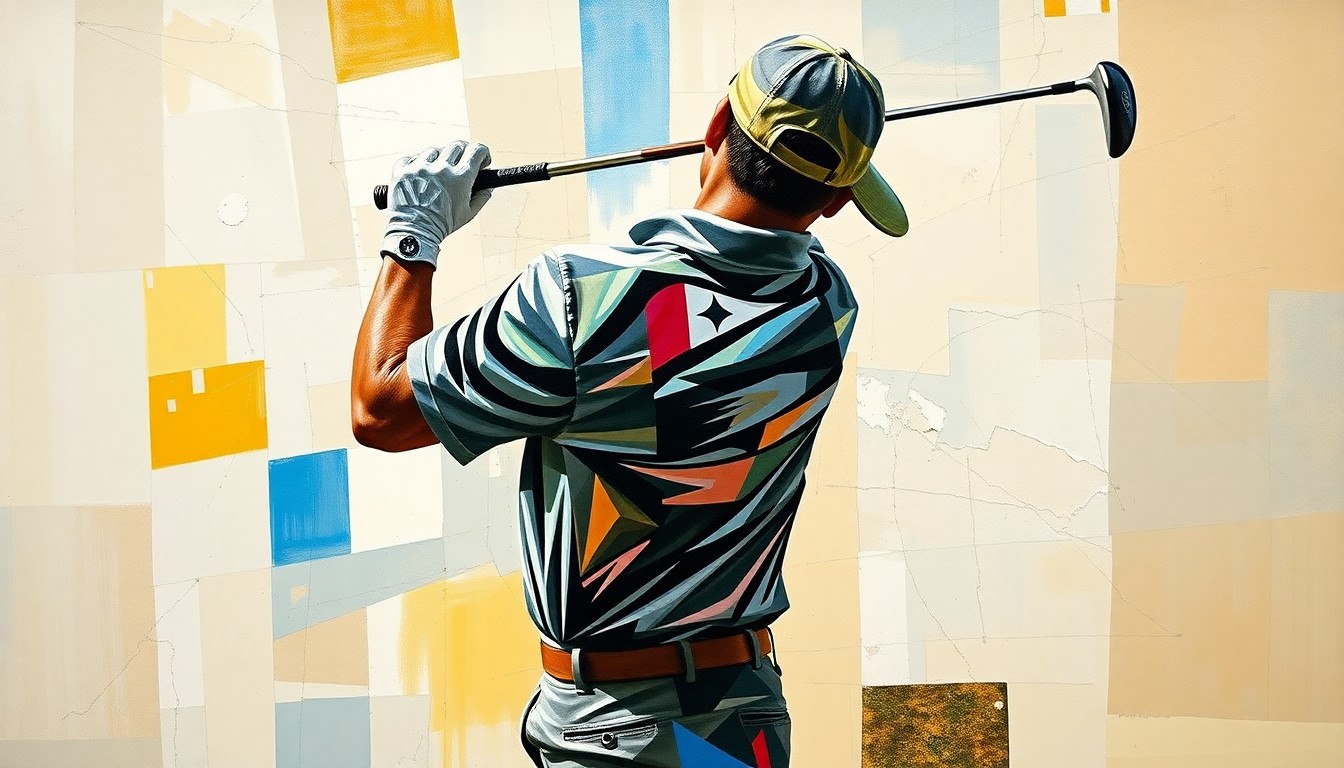 A cubist, geometric painting depicting a golfer's swing and equipment in an abstract, deconstructed style, conveying the technical precision and skill required to win at the highest levels of the sport.