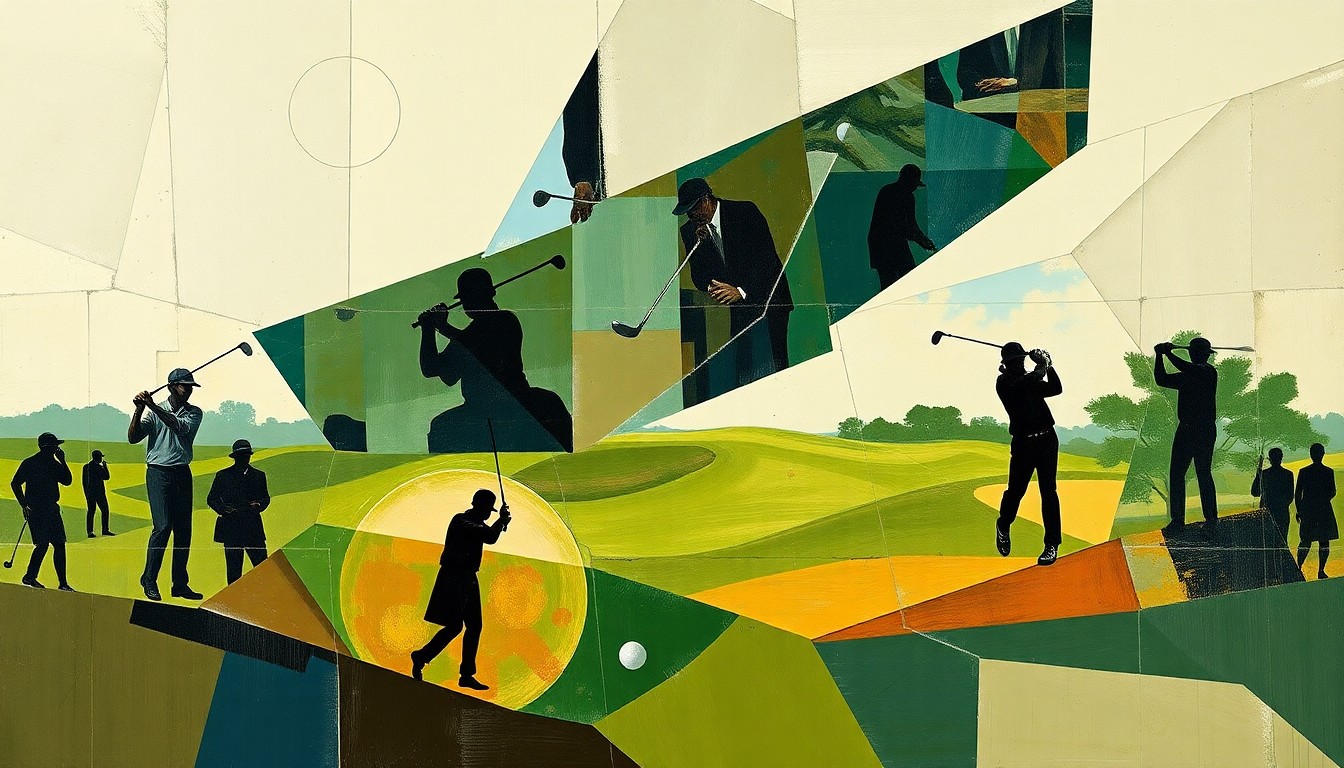 An abstract painting in the cubist style, featuring fragmented geometric shapes in earthy tones that suggest the forms of golf clubs, balls, and players, conveying the dynamic energy and multifaceted nature of the Masters tournament.