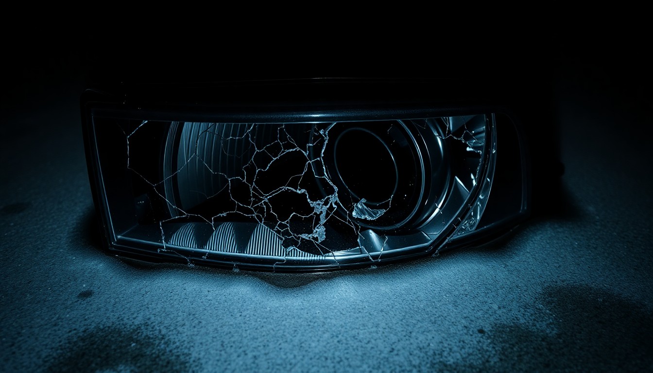 An extreme close-up photograph of a cracked and damaged car headlight lens lying on the ground, partially submerged in water, conveying the aftermath of a dangerous incident.