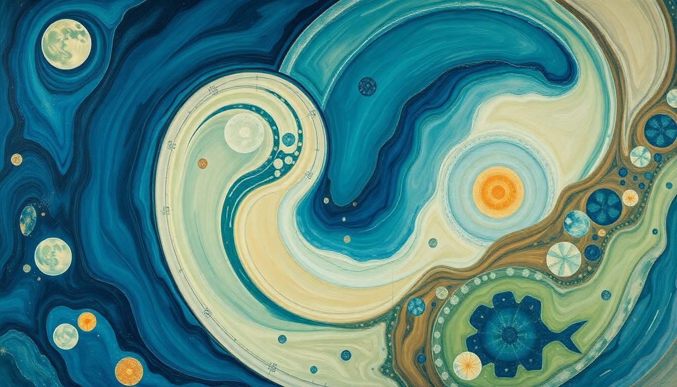 A highly textured, abstract painting in earthy tones of blue, green, and brown, featuring sweeping geometric shapes and precise botanical spirals, conceptually representing the complex interconnections and fragility of a coastal marine environment.