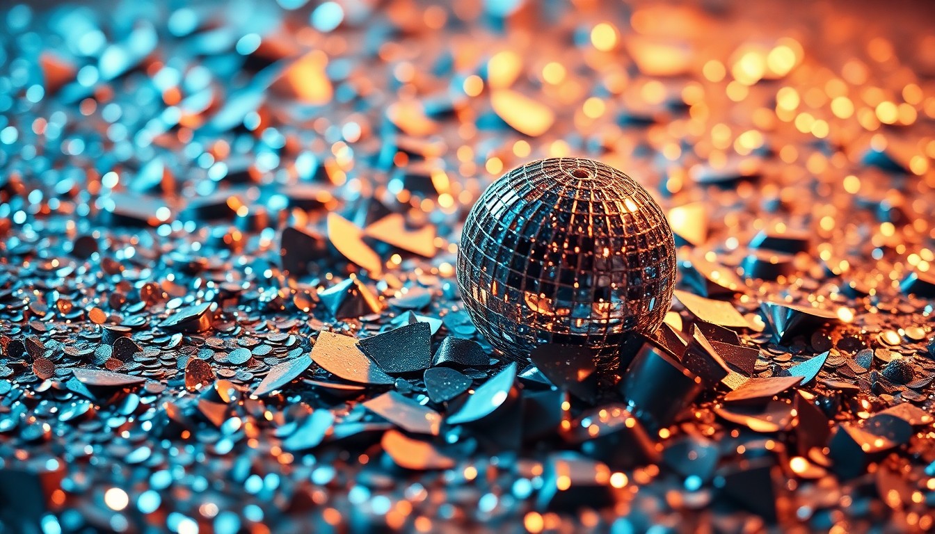 An abstract close-up photograph of shimmering, high-contrast sequins and shattered glass, conveying the glamour and texture of the country music industry.