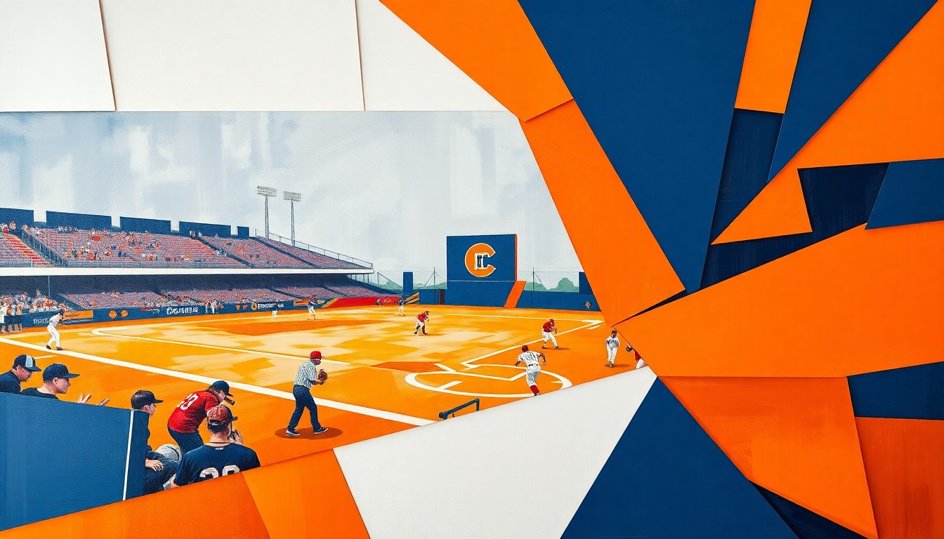 A cubist-style painting depicting a college softball game, with the players and field broken down into sharp, overlapping geometric shapes in shades of orange, navy, and white.