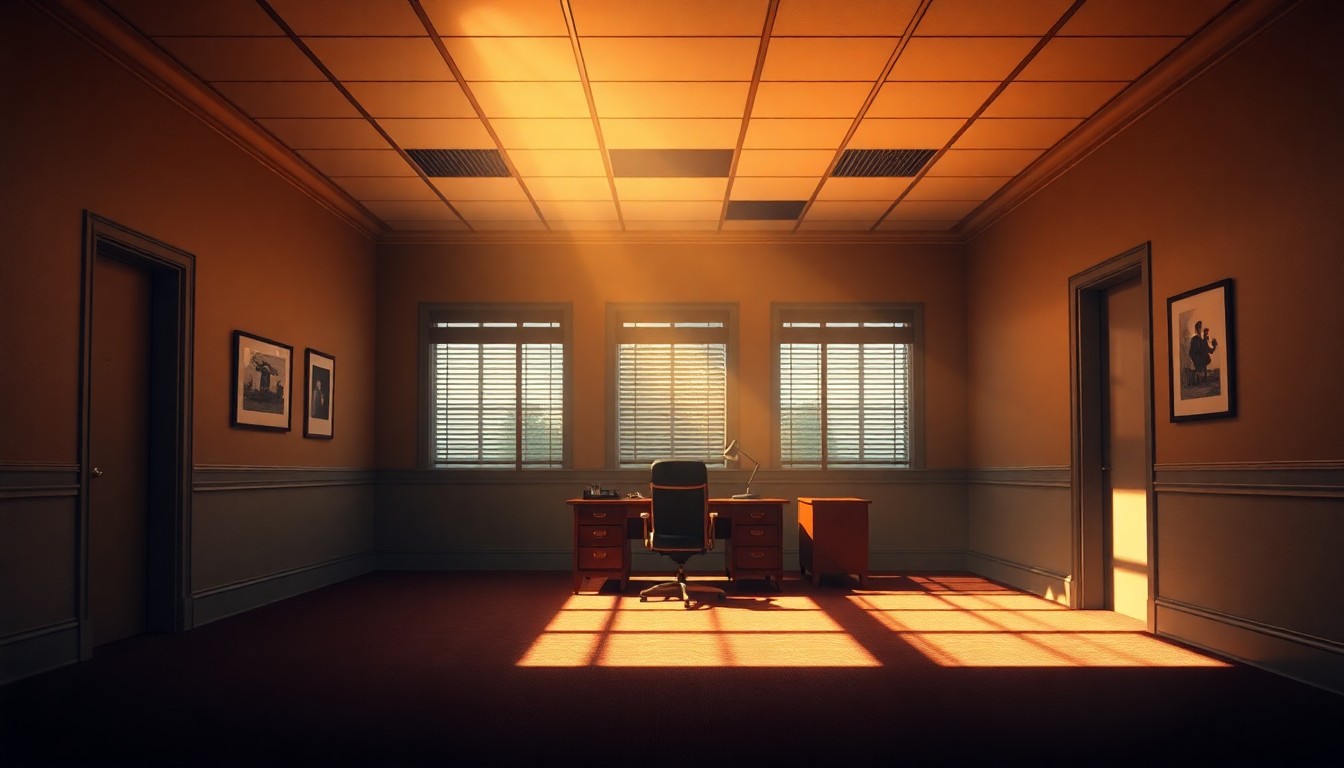 A dimly lit, cinematic painting of an empty government office interior, with a single desk and chair bathed in warm, diagonal sunlight and deep shadows, conveying a sense of solitude and contemplation.