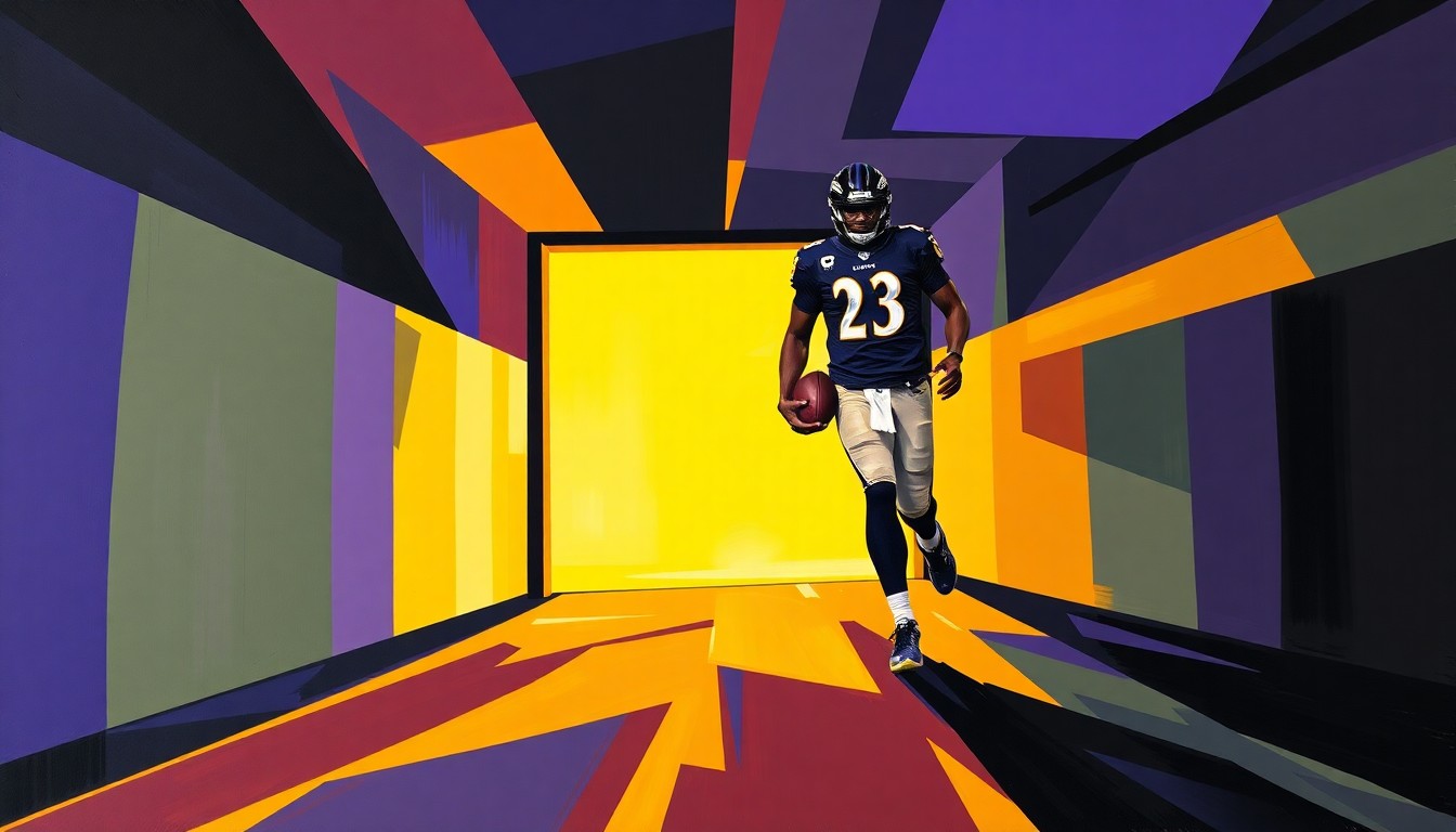 A fractured, cubist-style painting depicting Lamar Jackson's arrival at the Ravens' facility, with sharp geometric shapes in the team's colors of purple, black, and gold capturing the quarterback's movement and energy as he enters the building.