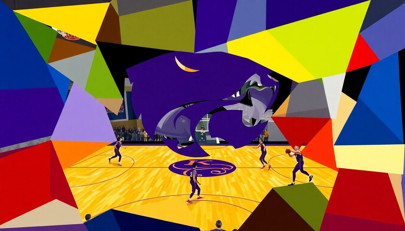 A cubist-style painting featuring overlapping geometric shapes in the team colors of Kansas State and their opponent, conceptually representing the multifaceted nature of a player's transfer decision.