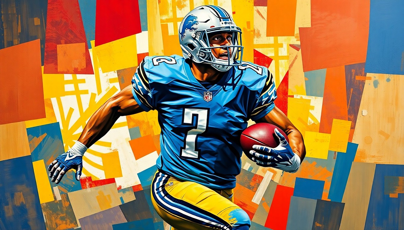 A cubist, geometric painting depicting a Detroit Lions football player in action, with the player's form broken down into sharp, overlapping planes of color in the team's signature blue and silver hues.