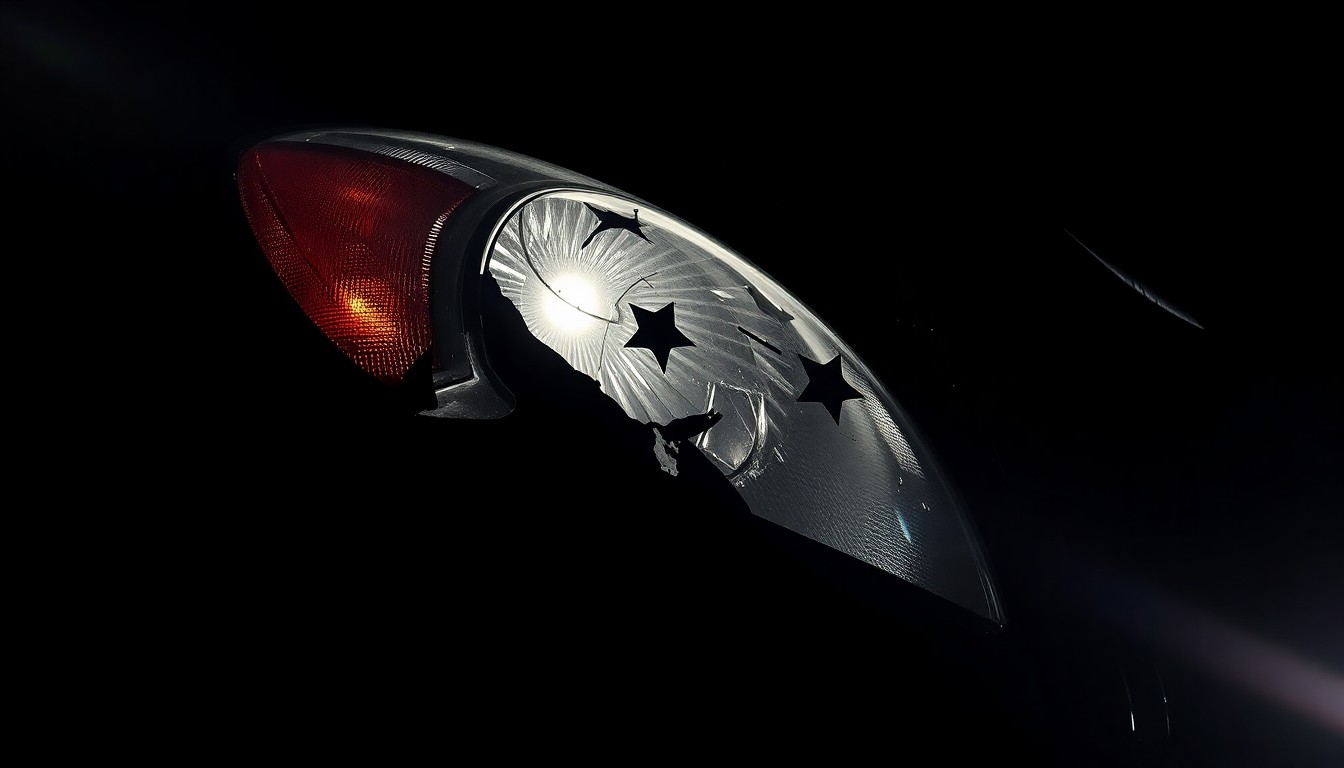 An extreme close-up photograph of a damaged semi-truck part, such as a shattered headlight or twisted metal, lit by a harsh, direct camera flash against a pitch-black background, conceptually illustrating the violence and destruction of the incident.