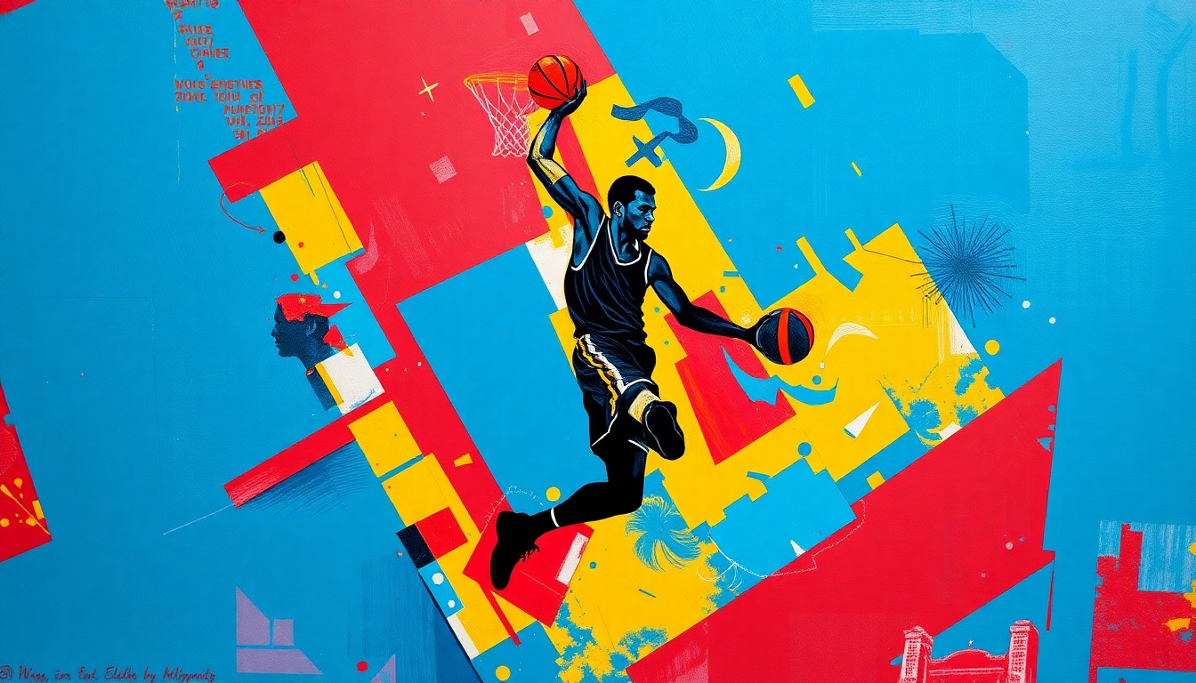 A fragmented, geometric painting depicting the silhouette of a basketball player in motion, with sharp planes of color and overlapping shapes conveying the energy and artistry of the sport.