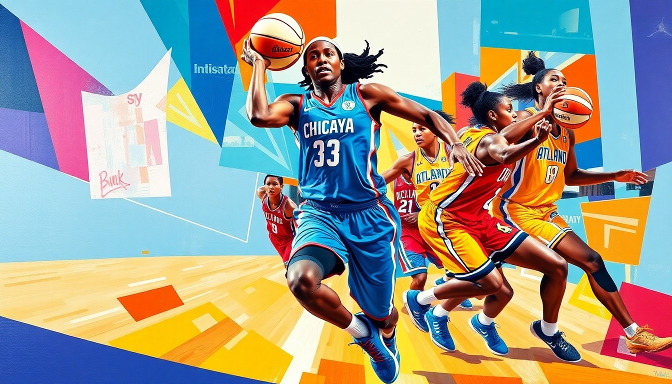 A cubist, geometric painting depicting the dynamic movements and energy of a basketball player, with overlapping planes of color representing the uniforms of the Chicago Sky and Atlanta Dream.