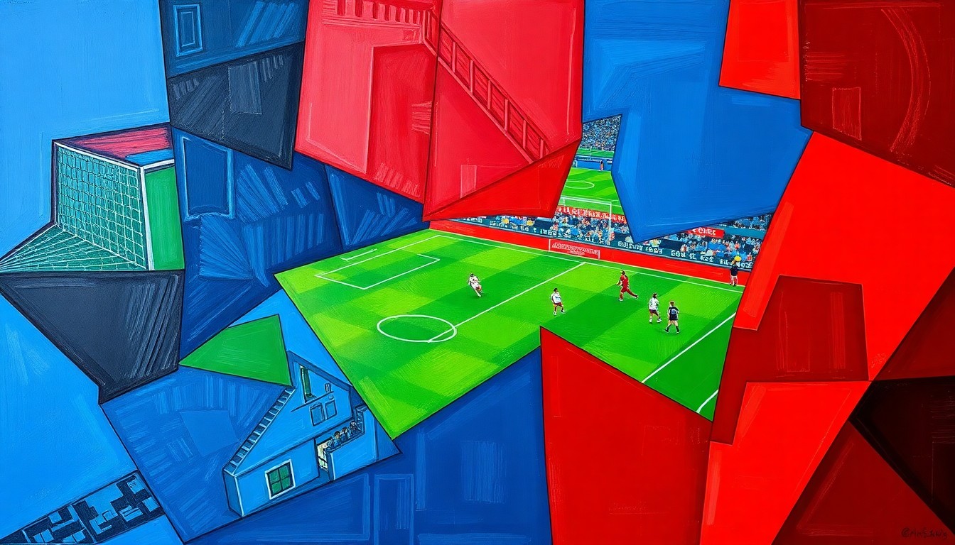 A fractured, cubist-style painting depicting a women's soccer match, with the players and field broken down into sharp, overlapping geometric shapes in navy, green, and red, conceptually representing the divisive debate over inclusion in elite sports.