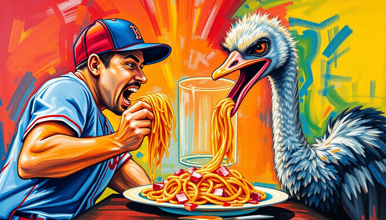 A dynamic, colorful painting featuring bold, energetic brushstrokes in neon shades of red, yellow, and blue, capturing the intense action and competitive spirit of an unusual spaghetti-eating contest between a baseball player and an ostrich.