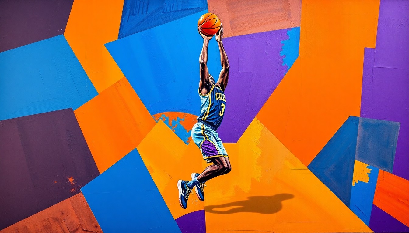 A fragmented, geometric painting depicting the overlapping motion of a basketball player's shooting form, rendered in bold, vibrant colors that conceptually represent the energy of a new era for the Syracuse Orange.