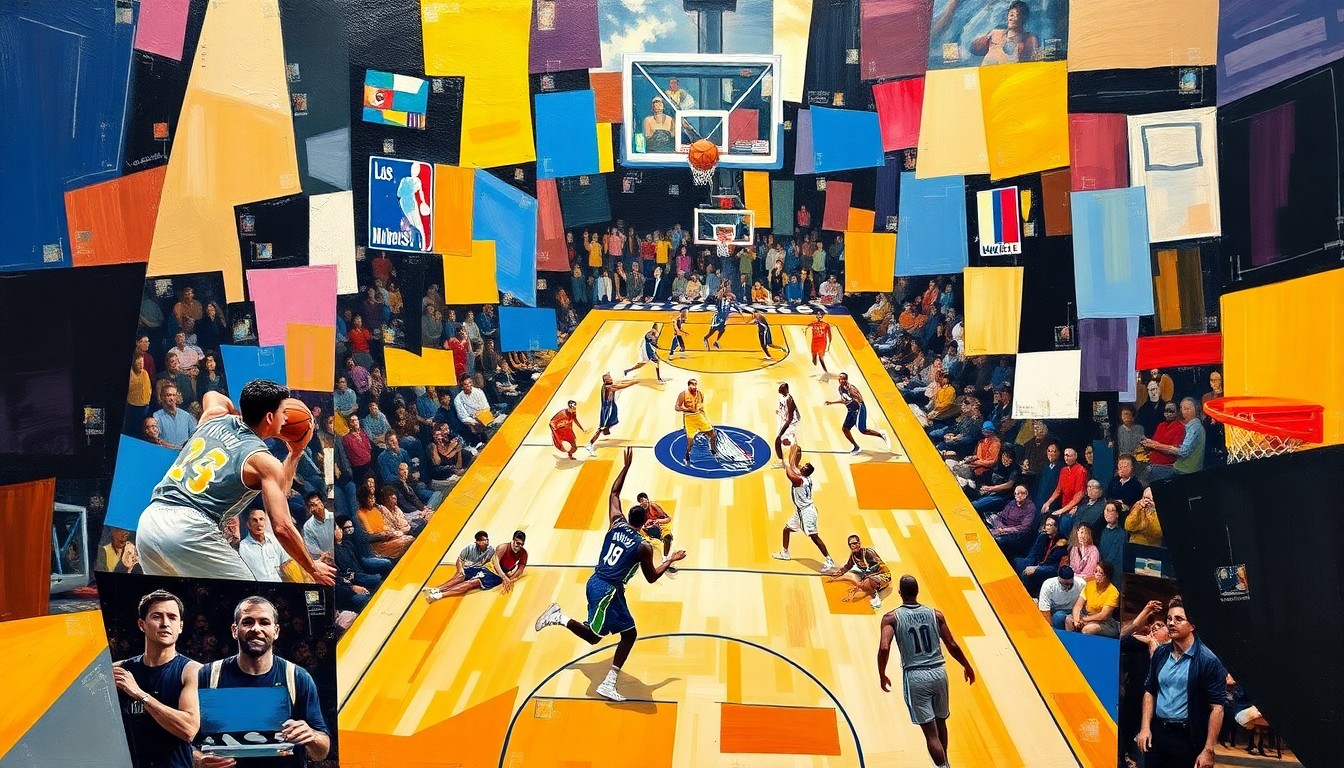 A fractured, geometric painting depicting a basketball game between the Los Angeles Lakers and Dallas Mavericks, with the players and ball rendered in sharp, overlapping planes of color and shape, capturing the intensity and energy of the game.