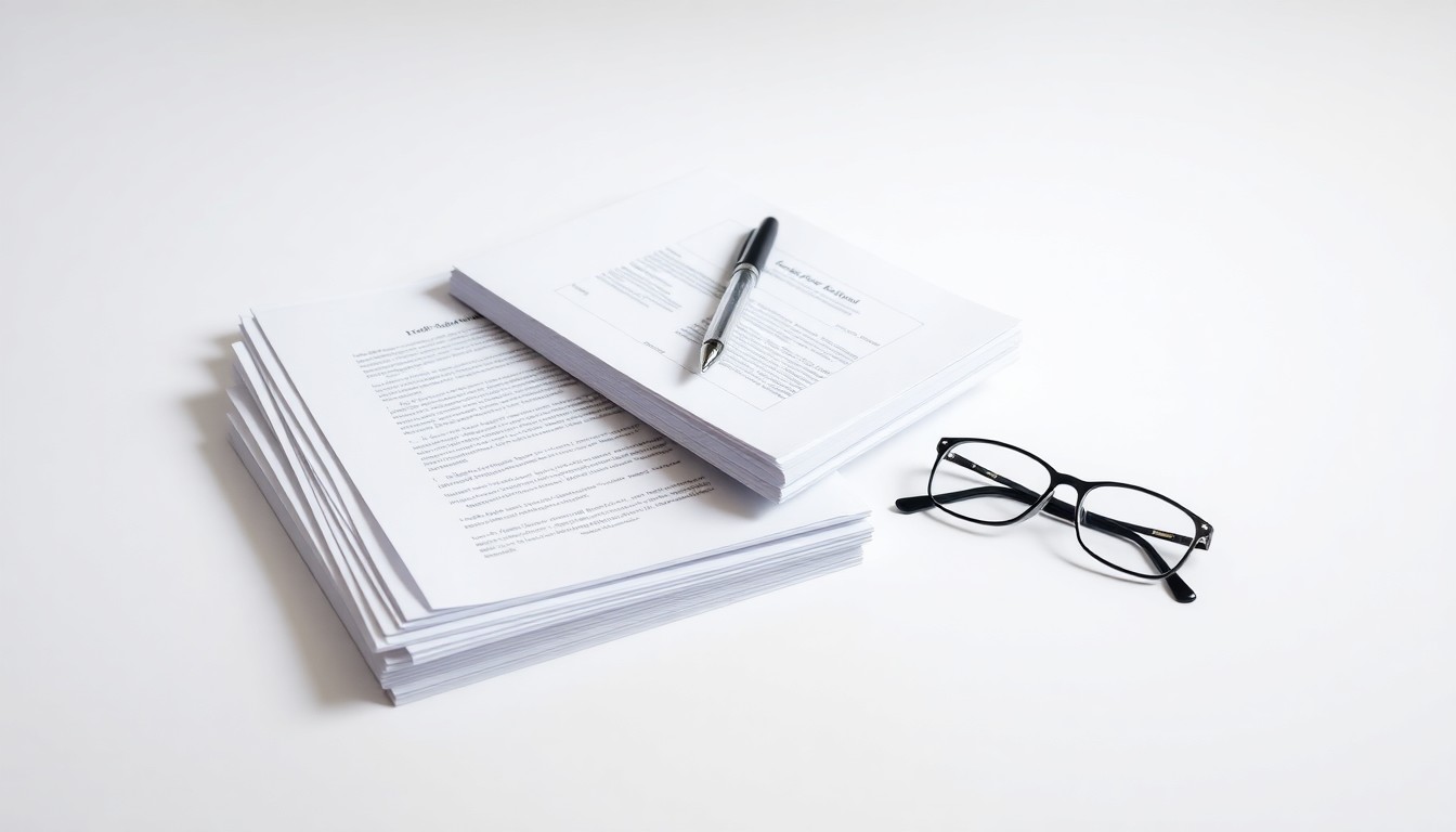 A clean, minimalist studio still life photograph featuring a stack of legal documents, a pen, and a pair of eyeglasses against a solid white background, symbolizing the legal expertise and attention to detail that McGuireWoods brings to its labor and employment practice.
