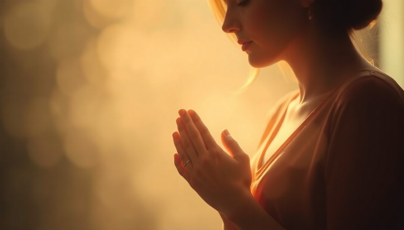 An extremely abstracted, out-of-focus photograph of a person's hands clasped in prayer, with the scene bathed in a warm, hazy glow of light, conceptually representing the comfort and guidance found in religious faith during difficult times.