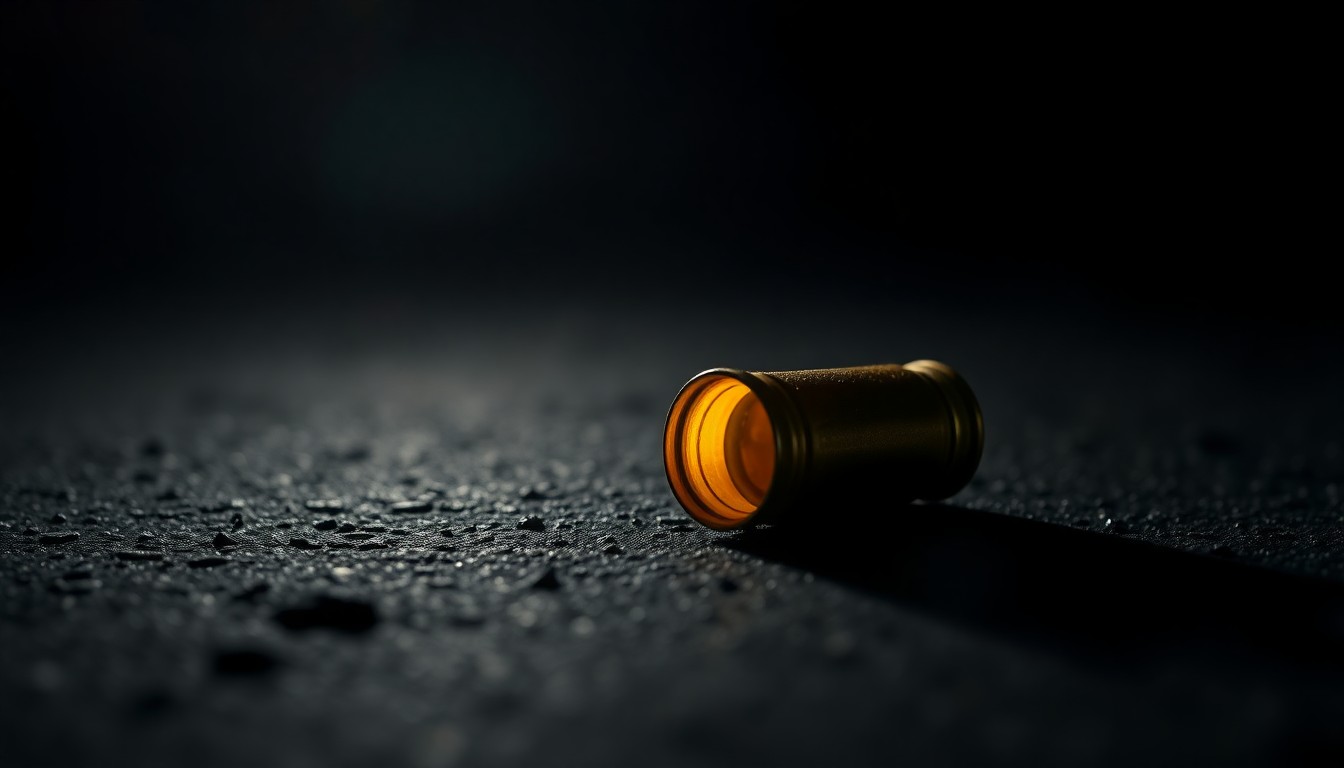An extreme close-up photograph of a single spent shell casing on a dark, textured surface, lit by a harsh, direct camera flash, conceptually representing the evidence found during the police investigation.