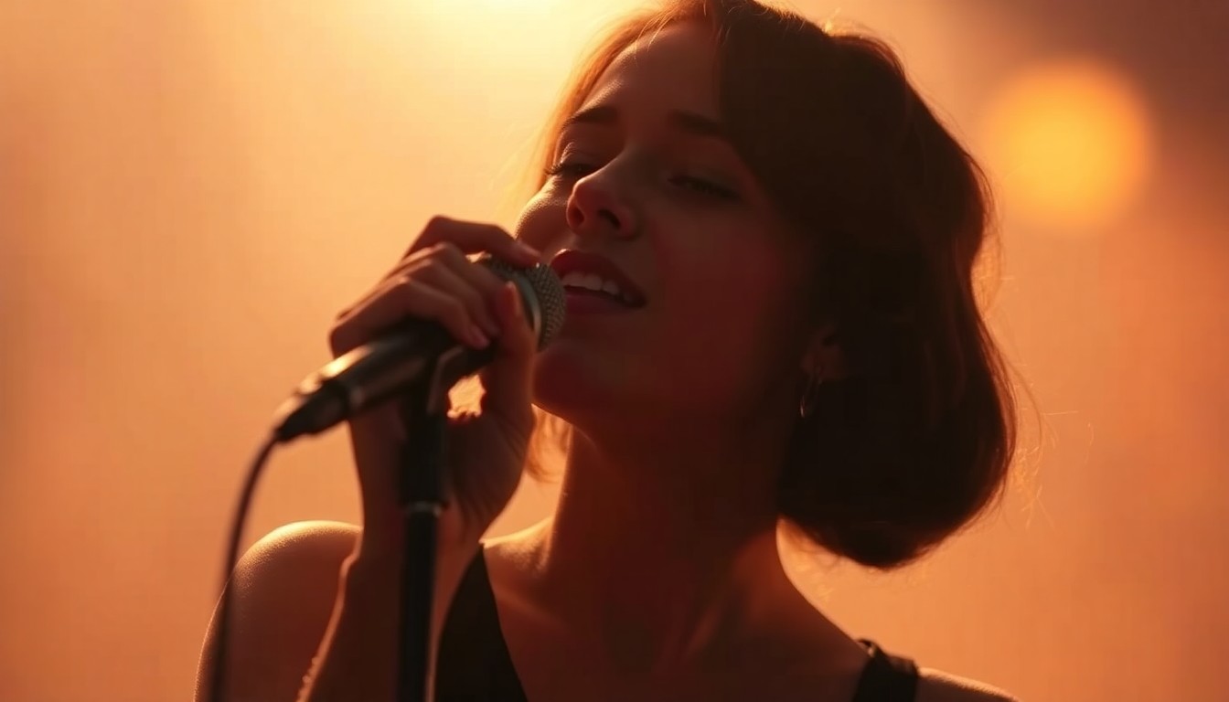 An abstract, impressionistic photograph in soft, warm tones depicting the silhouette of a young woman singing on stage, her face and details obscured in a hazy, dreamlike glow.
