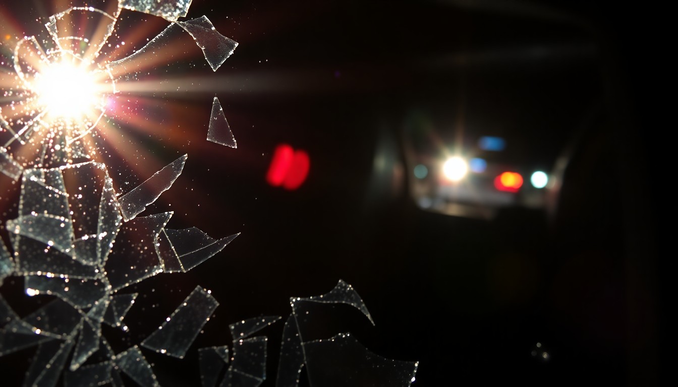 An extreme close-up photograph of a shattered car window reflecting the harsh glare of a camera flash, conceptually representing the devastating impact of a deadly police pursuit incident.
