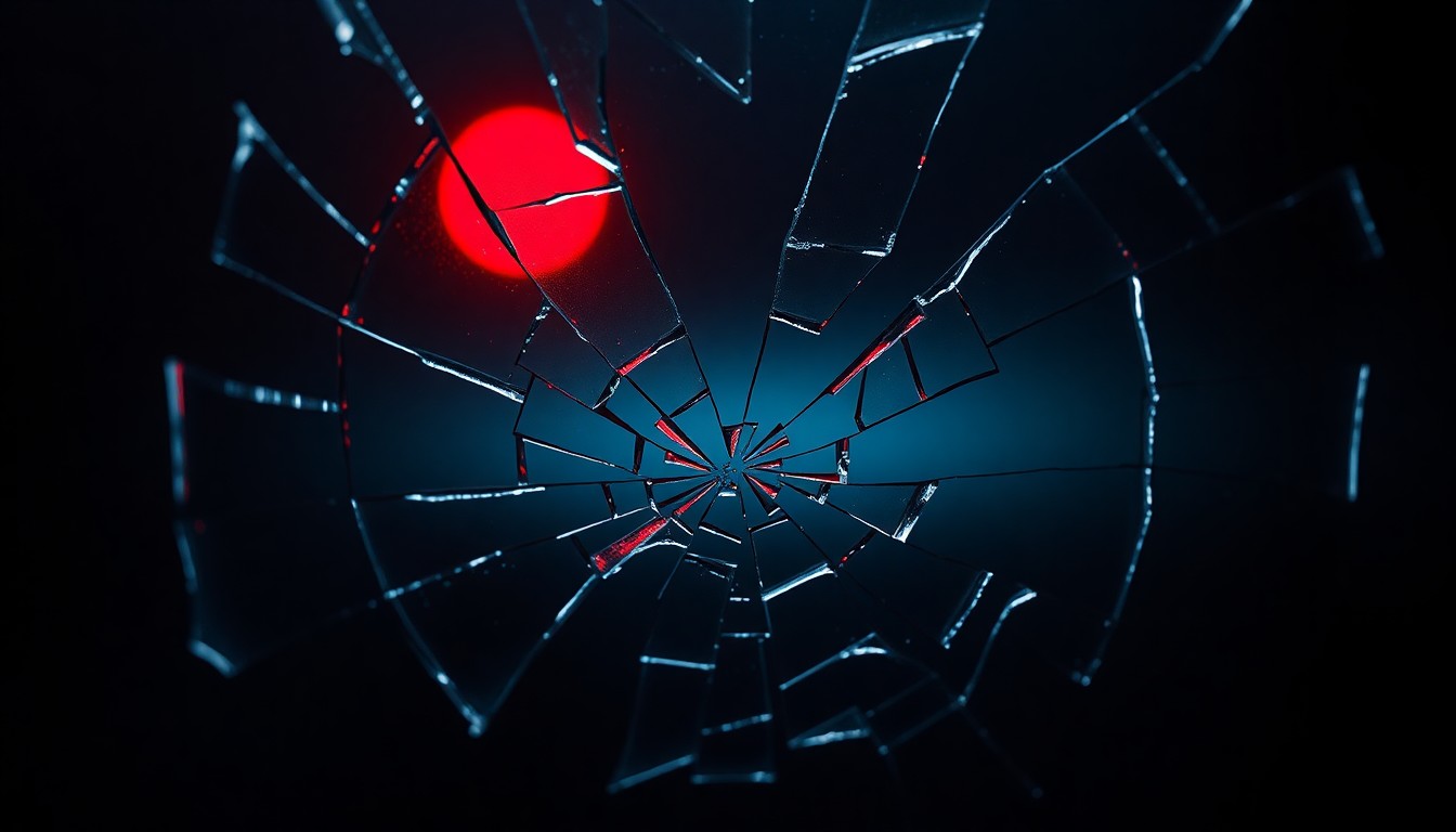 An abstract close-up photograph of shattered glass reflecting a faint red light, conveying a sense of fragility and the emotional turmoil of a celebrity divorce.
