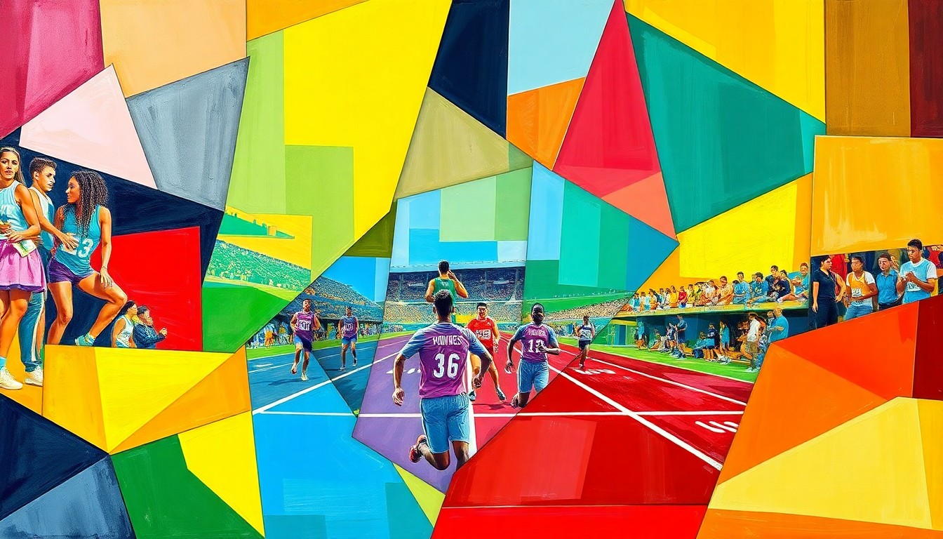 A fragmented, geometric painting in bold primary colors depicting the dynamic motion and overlapping perspectives of a high school track and field competition.