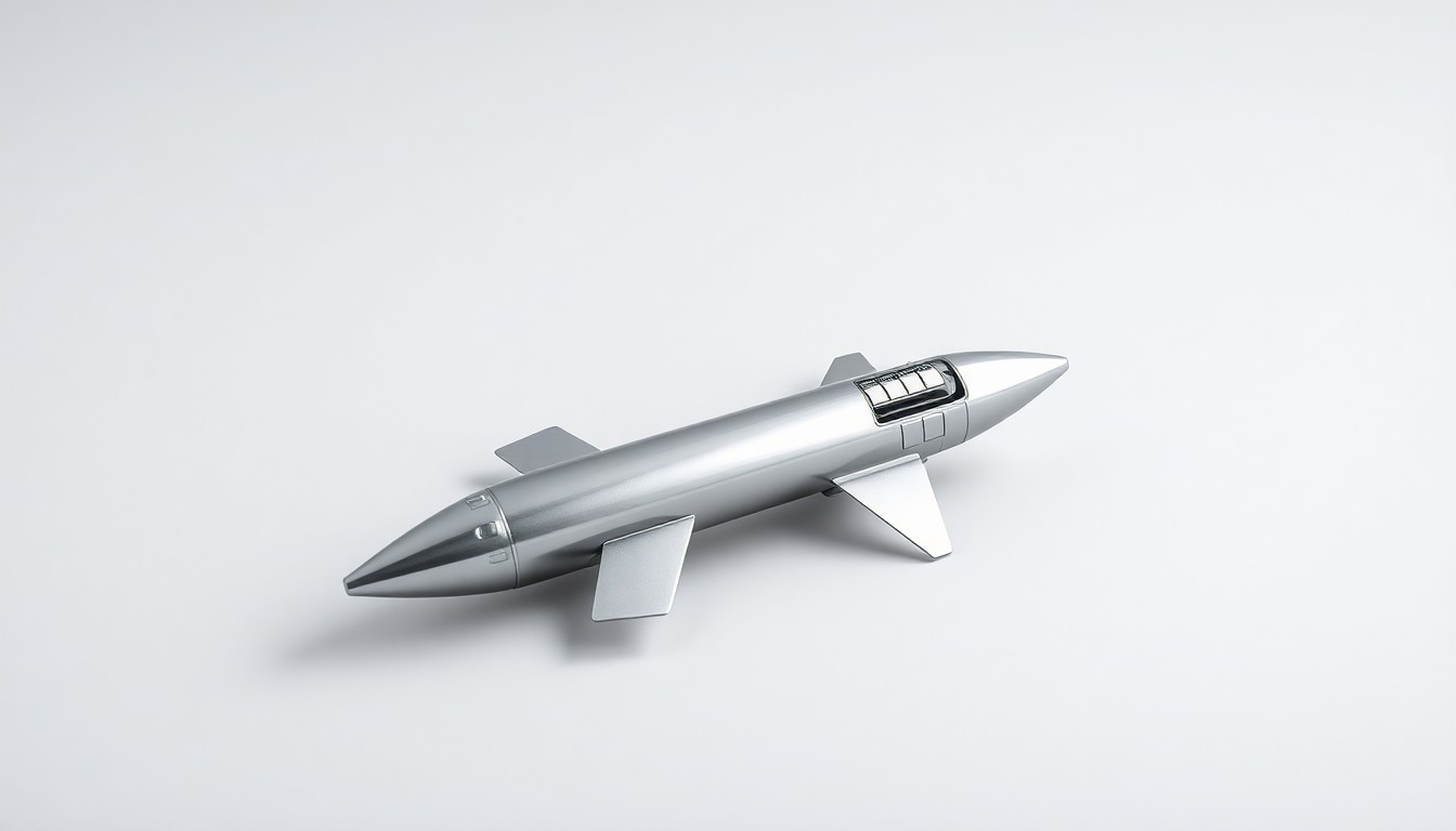 A sleek, metallic model rocket ship resting on a clean, monochromatic background, symbolizing the precision and power of SpaceX's engineering.