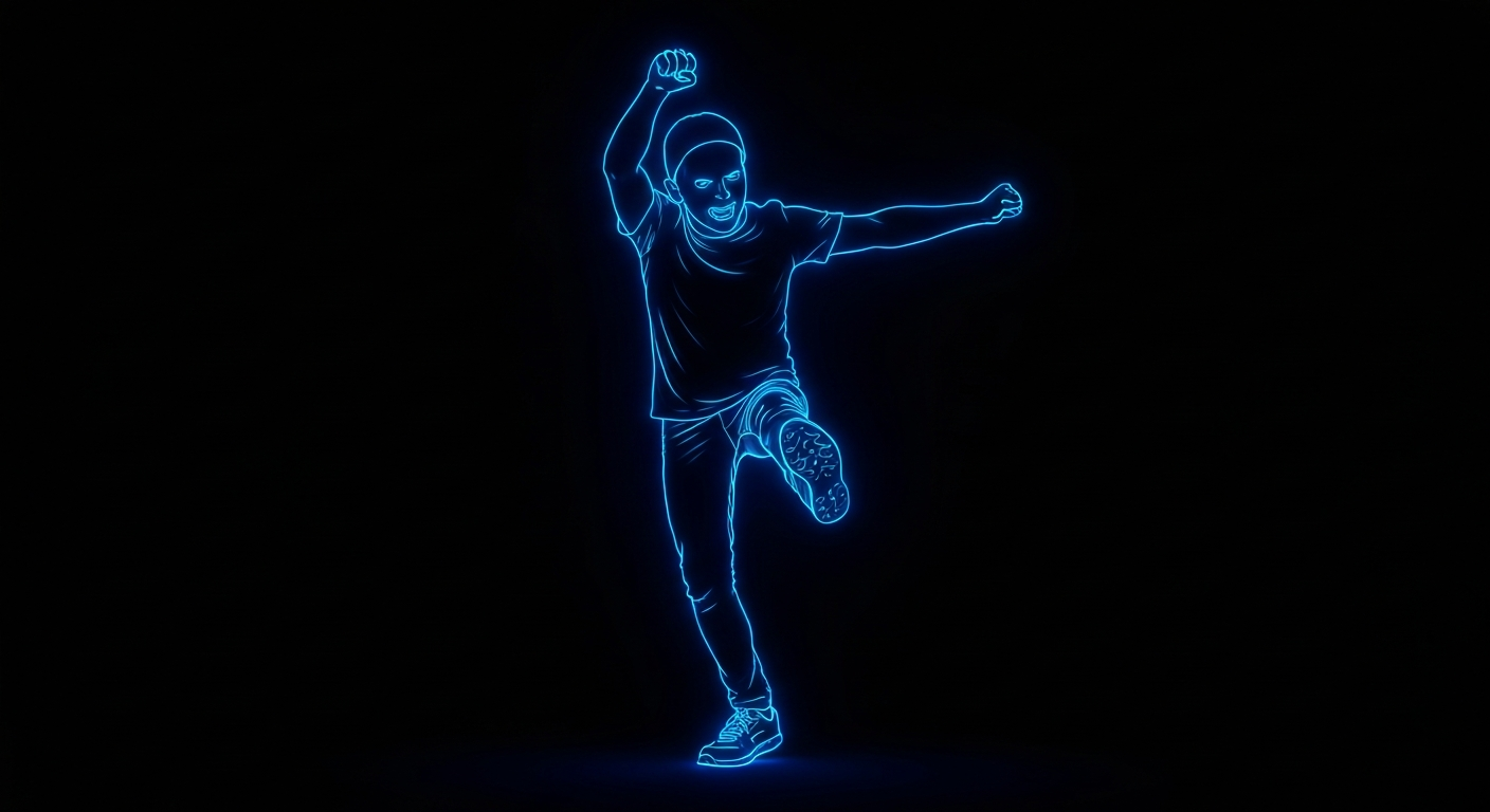 A glowing neon outline of an abstract human figure in a dynamic, energetic pose, conceptually representing the active, vibrant spirit of the autism community.
