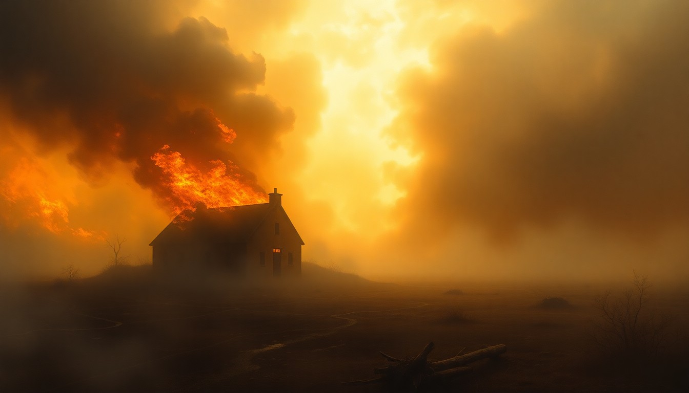 A sweeping, atmospheric landscape painting depicting a distant house fire, the flames and smoke obscured by heavy fog and dramatic lighting, conveying the overwhelming, sublime force of the natural elements.