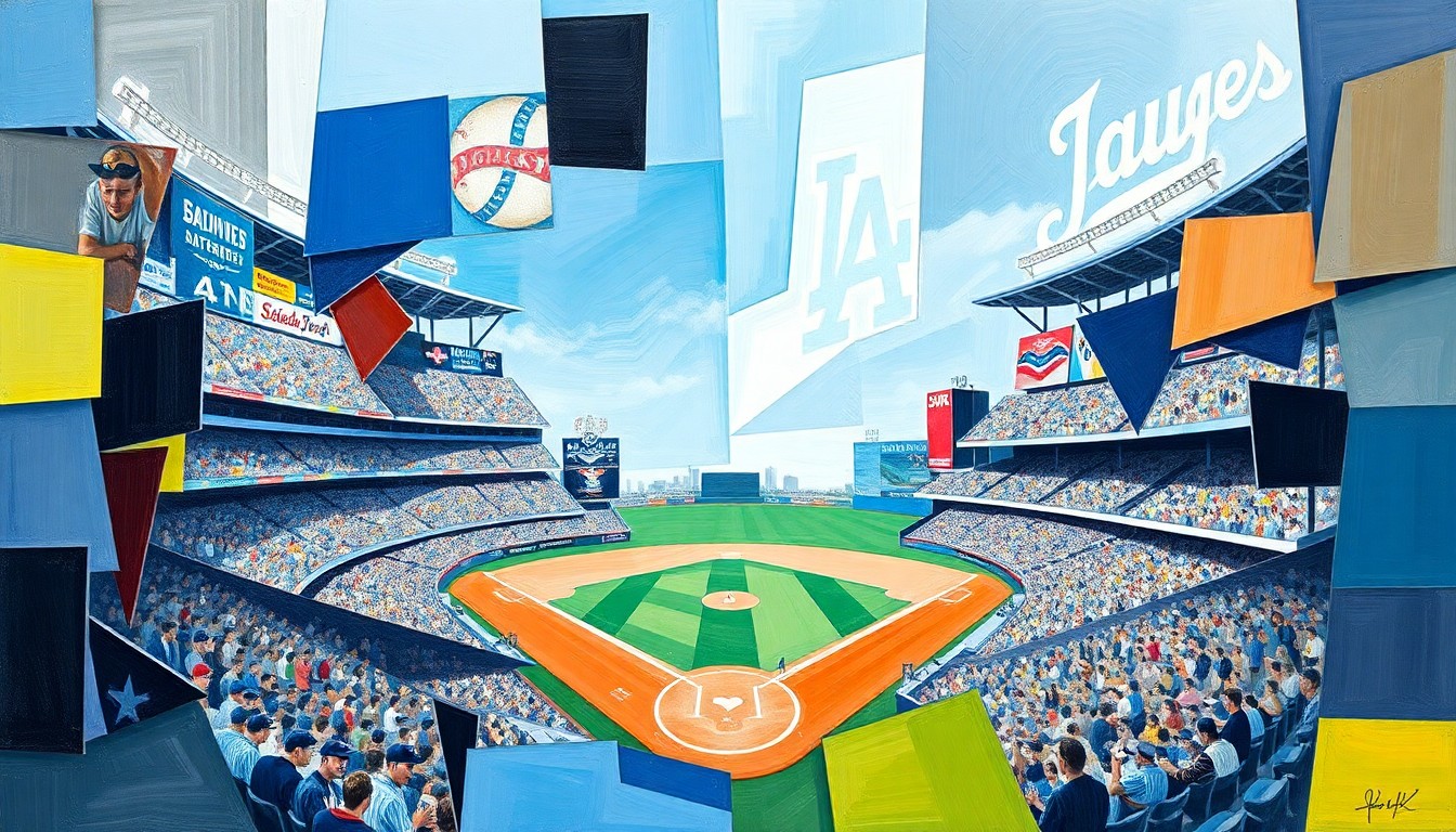 A vibrant, cubist-style painting depicting a baseball game in motion, with the players and field broken down into sharp, overlapping geometric shapes and planes of color.
