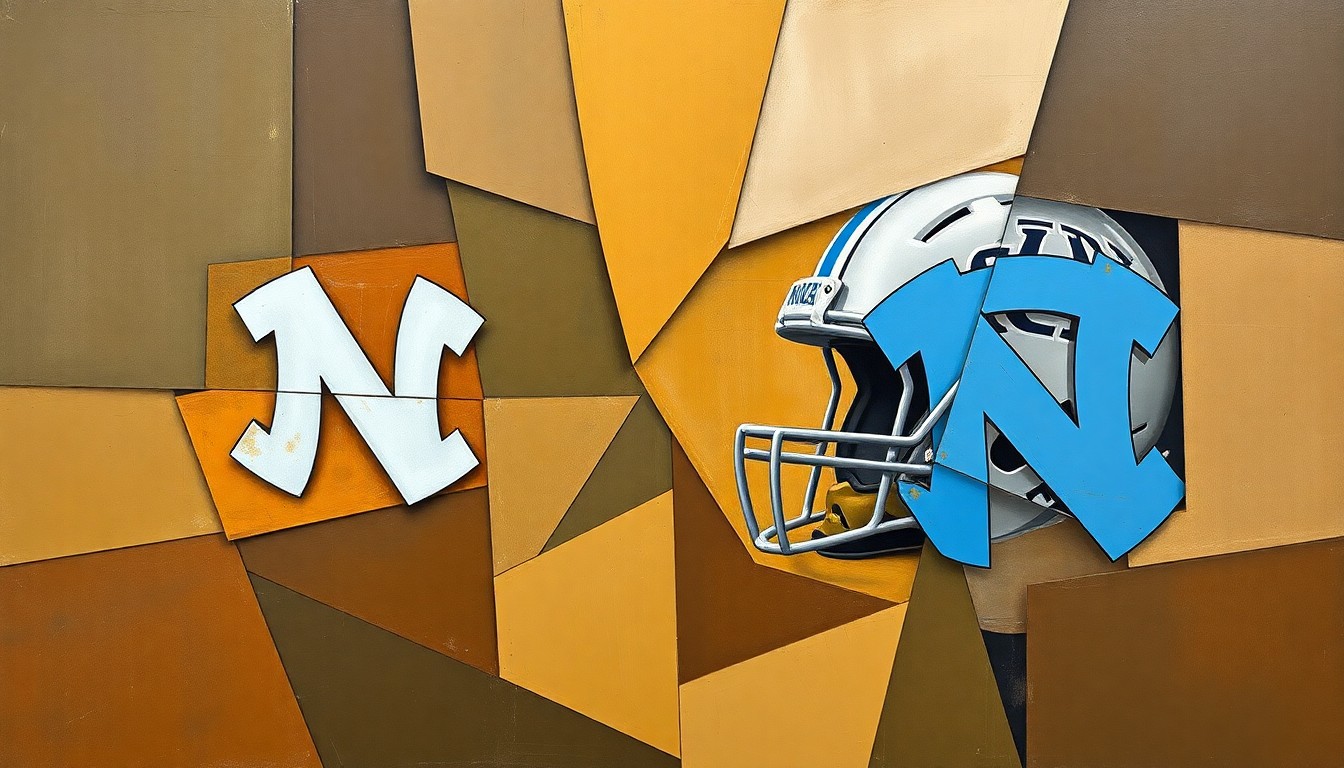A cubist, geometric painting in muted earth tones and Carolina blue, depicting the UNC basketball and football programs as fragmented, overlapping planes, reflecting the disarray within the athletic department.