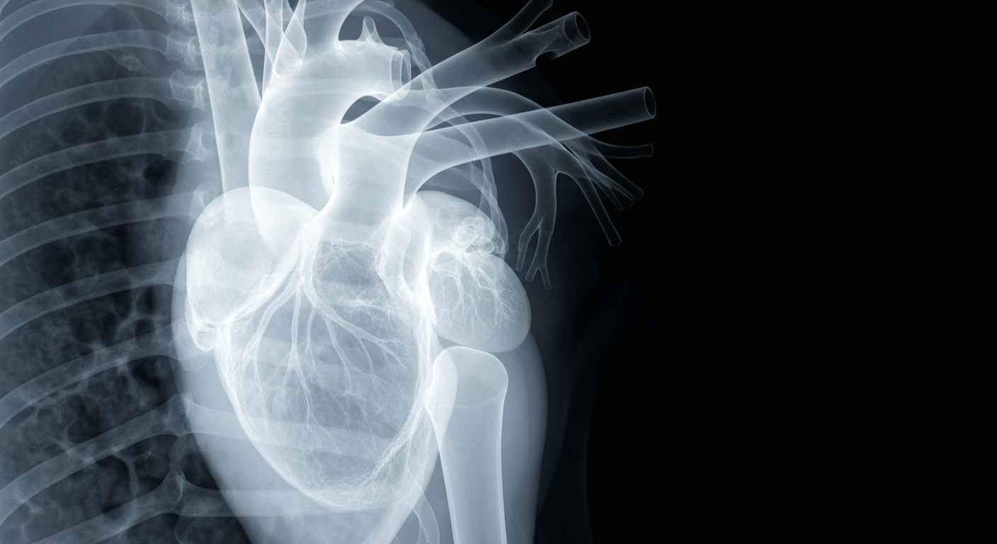 A translucent X-ray photograph revealing the intricate internal structure of a human heart, glowing against a dark background, conceptually illustrating the importance of affordable and accessible healthcare.