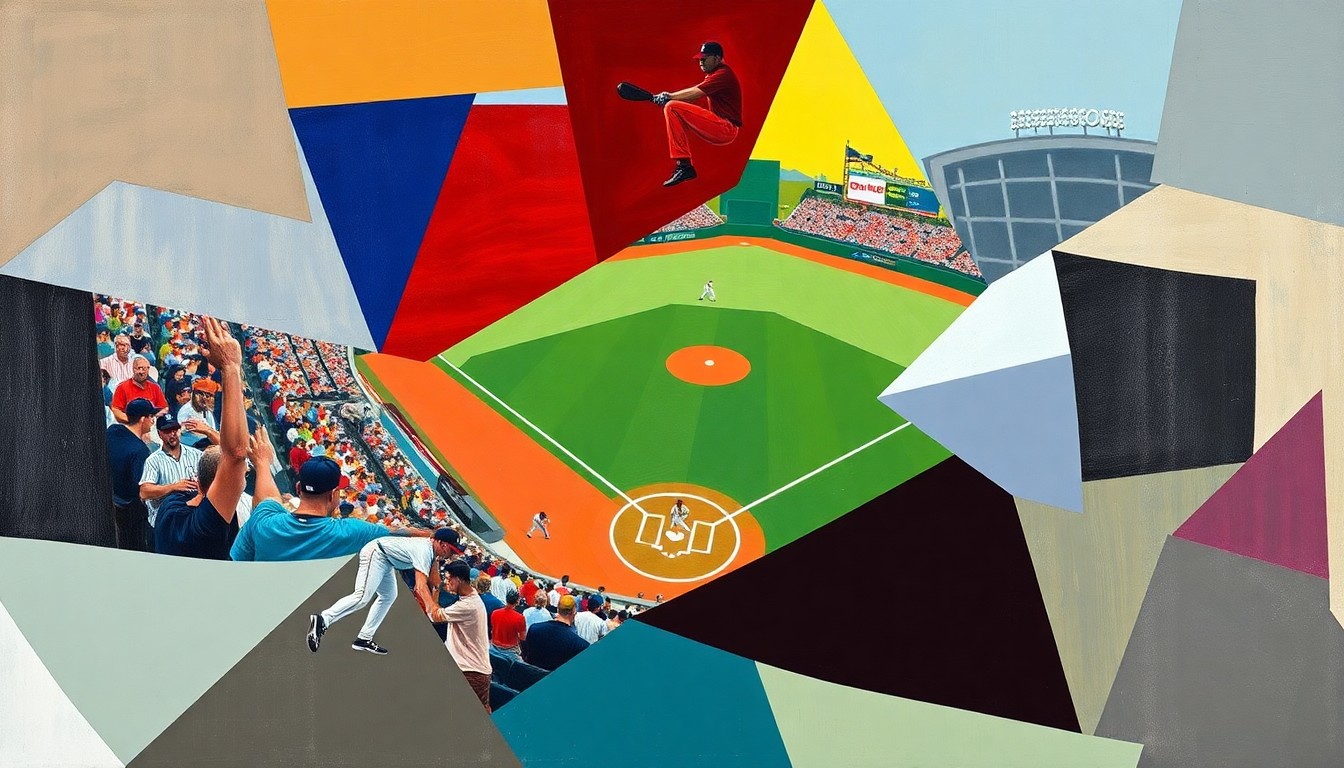 A fractured, multi-perspective painting in a cubist style, breaking down a baseball game into sharp, overlapping geometric planes of color and shape without any recognizable figures or elements.