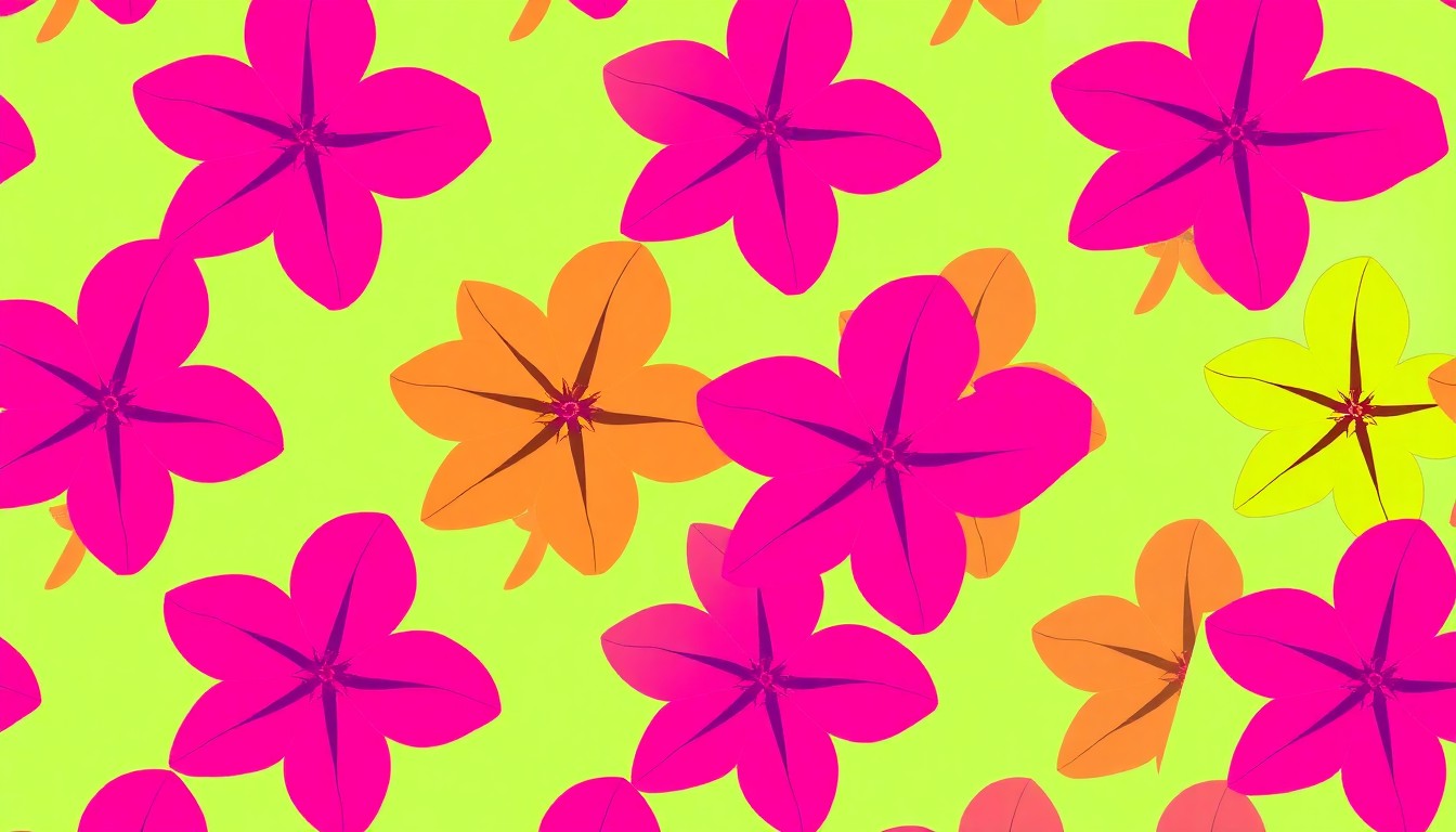 A bold, colorful silkscreen-style illustration featuring a repeating pattern of a single, iconic azalea flower in bright, neon-like hues, conceptually representing the celebration of spring and North Carolina's natural beauty.