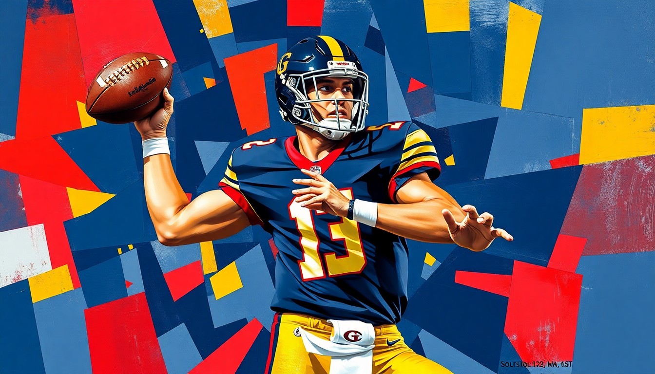 A cubist-style painting depicting a Georgia Tech quarterback in mid-throw, with the player's body and the football broken down into sharp, overlapping geometric shapes in navy, gold, and red.