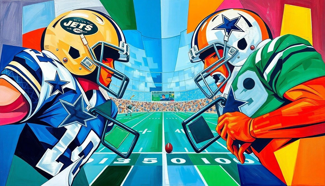 A cubist, geometric painting depicting the overlapping planes and angles of a football game or NFL draft selection, using the vibrant colors of the Jets and Cowboys team uniforms.