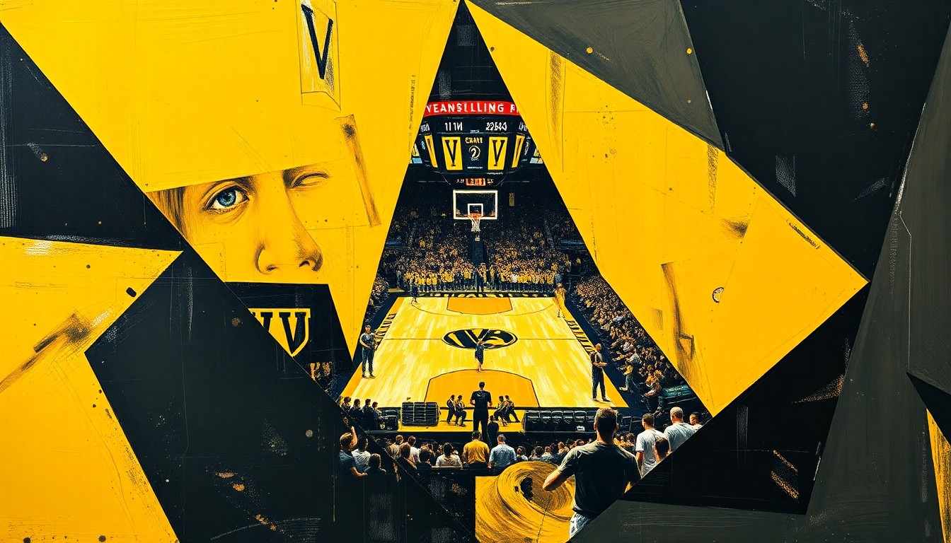 A cubist, geometric painting in Vanderbilt's black and gold colors, depicting the dynamic action of a college basketball game through fragmented, overlapping shapes and planes.