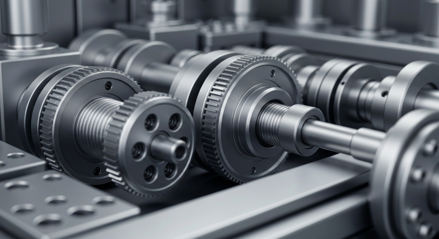 An extreme close-up of highly detailed, industrial medical device components and machinery, conveying a sense of the complex financial and technological forces shaping the healthcare industry.