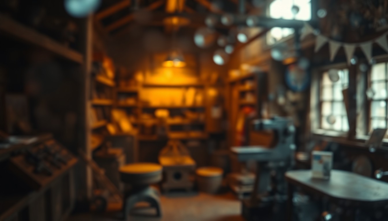 An abstract, impressionistic image of a dimly lit, textured interior space with soft, warm pools of light, conceptually representing the restoration of a historic blacksmith shop.