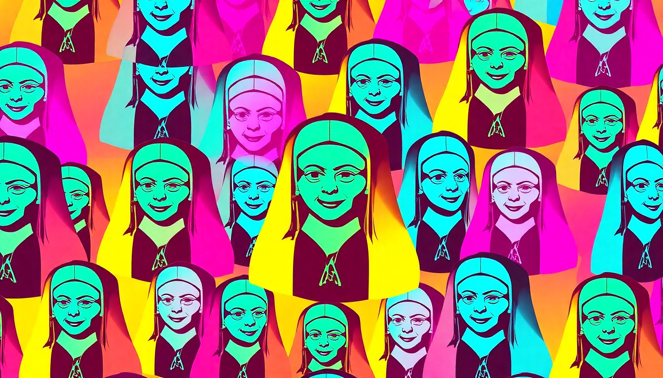 A brightly colored, high-contrast silkscreen print of a single, iconic bobblehead figure of a nun, repeated in a tight grid pattern in a style reminiscent of Andy Warhol's pop art, conceptually representing the impact of Sister Marguerite O'Beirne on the Neumann University community.