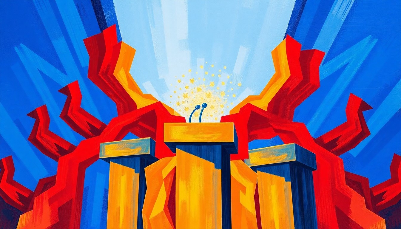 A vibrant, abstract painting featuring a fractured, overlapping image of a political podium or symbol in shades of blue, red, and yellow, conveying the energy and uncertainty of the California gubernatorial primary race.