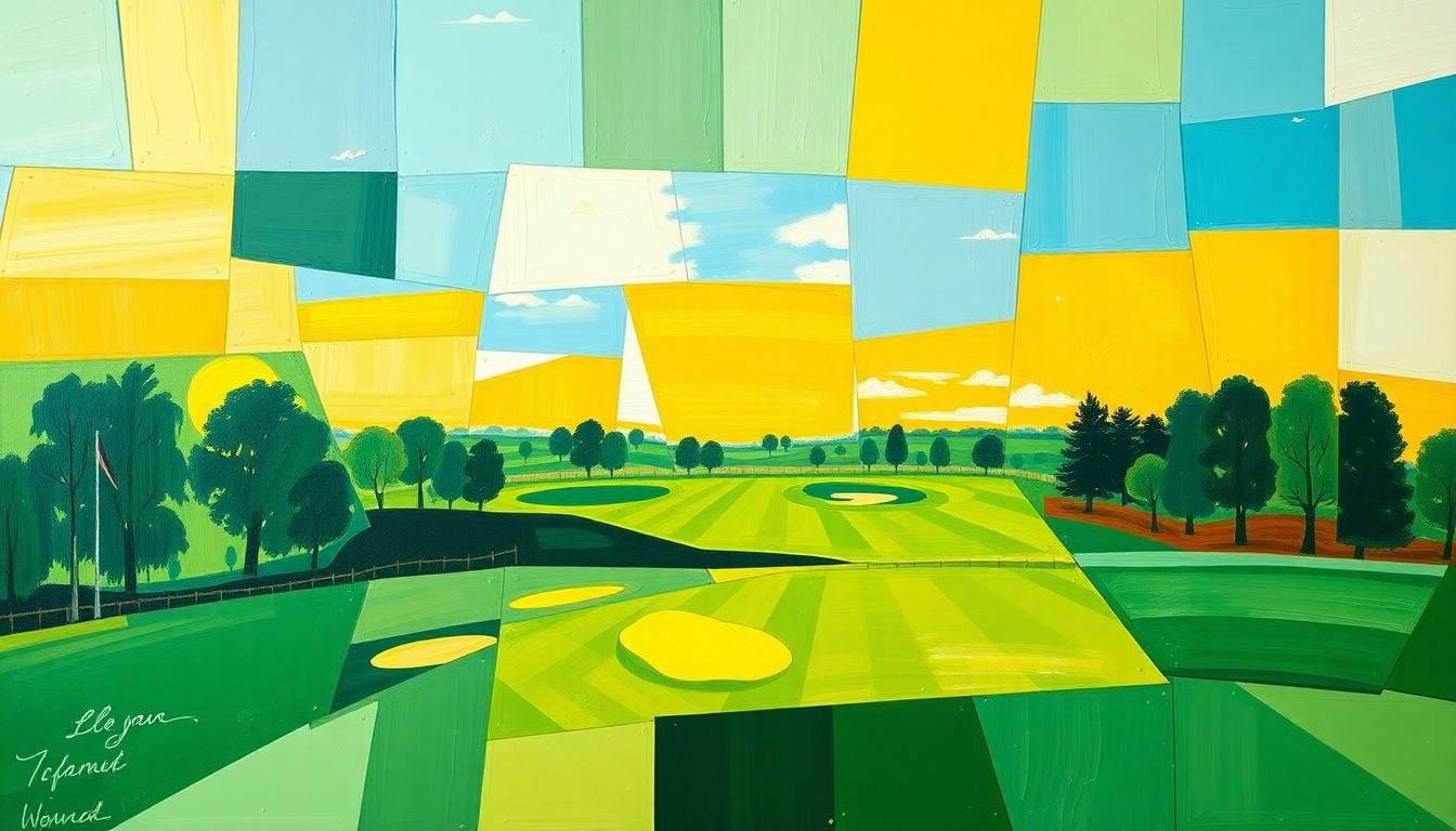 A cubist, geometric painting depicting a fractured, multi-perspective view of a golf course, with sharp planes of emerald green, sky blue, and golden yellow representing the dynamic action of the sport.