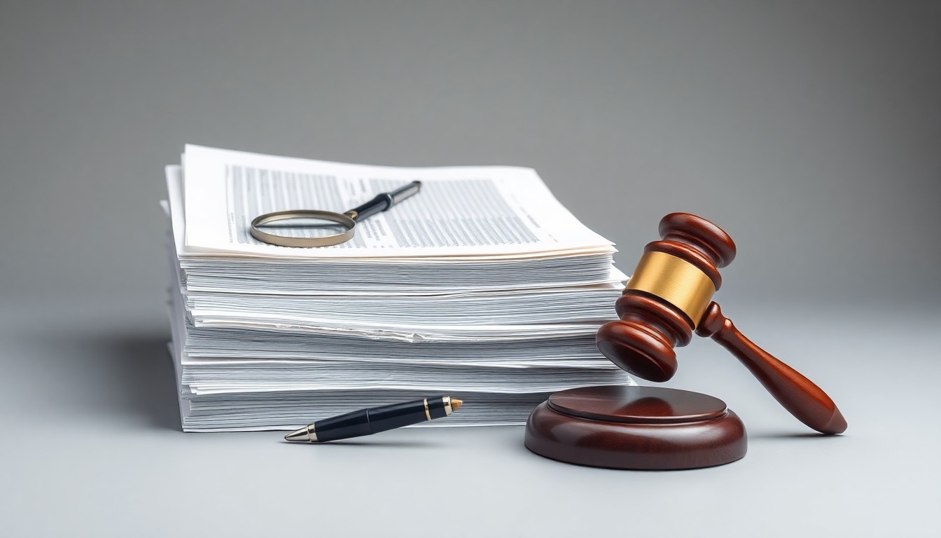 A high-end, photorealistic studio still-life featuring a stack of accounting ledgers, a magnifying glass, and a gavel arranged elegantly on a clean, monochromatic grey background, symbolizing the precision and rigor of forensic accounting work.