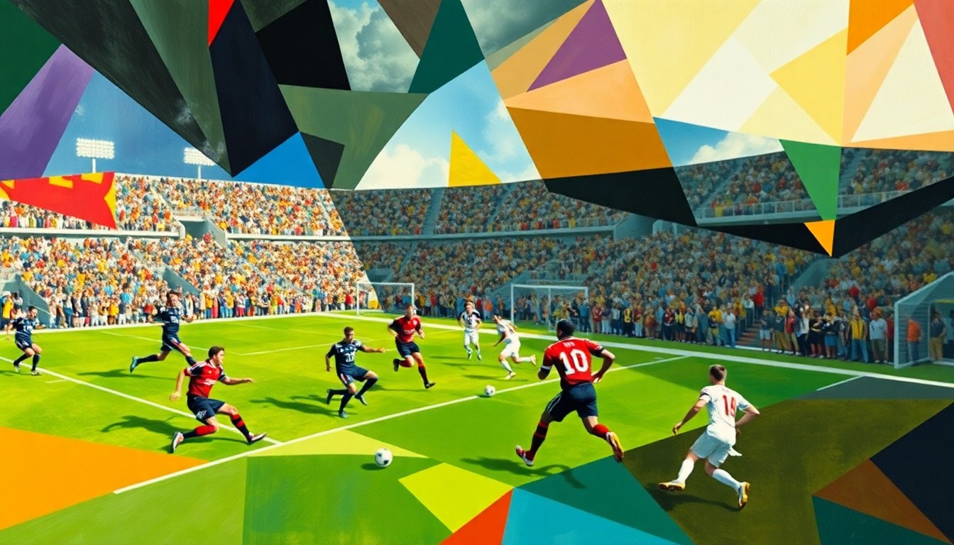 A fragmented, geometric painting depicting the chaotic energy of a football game, with players and the field broken down into sharp, overlapping planes of color and shape.