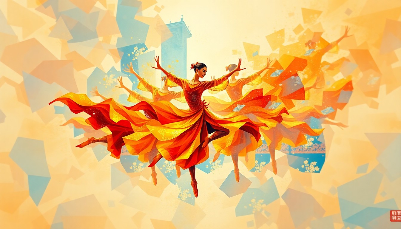 A fractured, abstract painting of a Shen Yun dancer in mid-leap, their form repeated in overlapping waves of vibrant colors, conceptually representing the energy and dynamism of the performance despite the constant threats it faces.