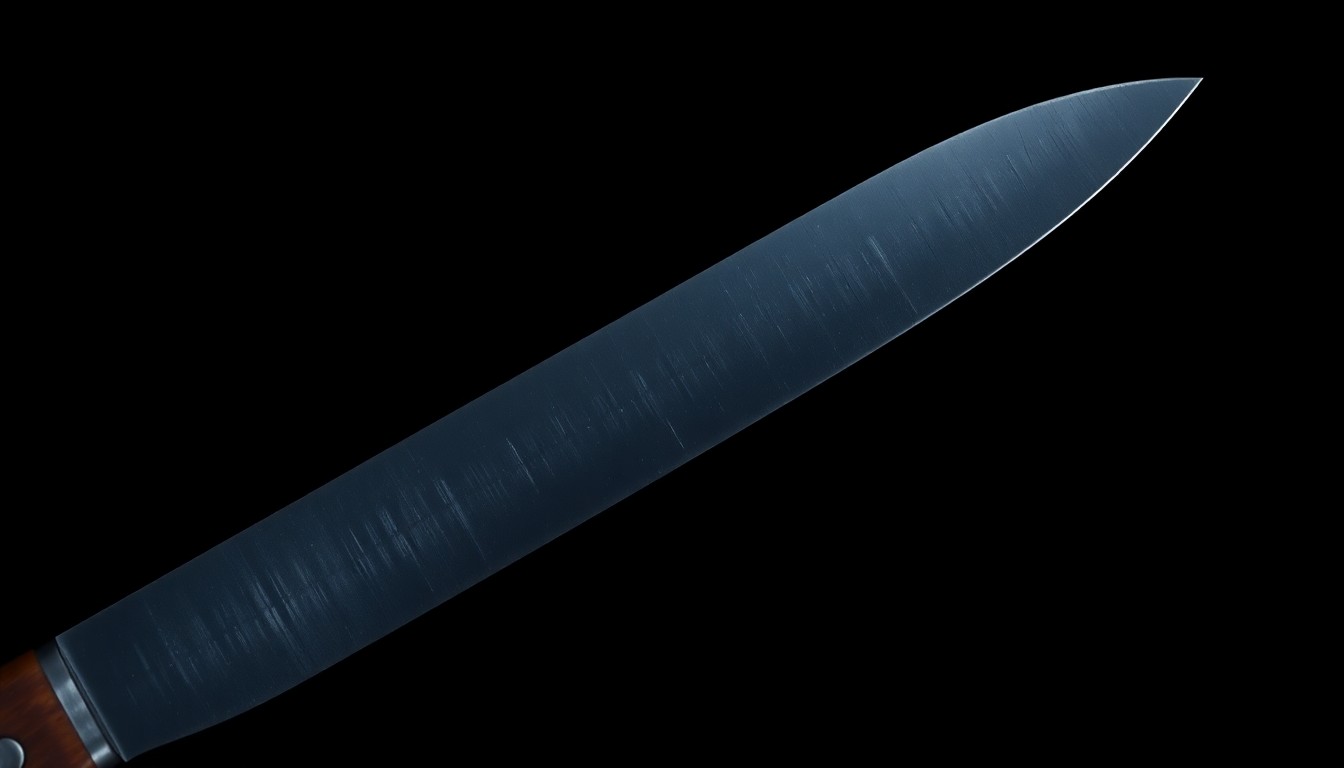 An extreme close-up of a machete blade, the metal surface reflecting the harsh light of the camera flash, creating a stark, gritty, and investigative visual metaphor for the violent crime.