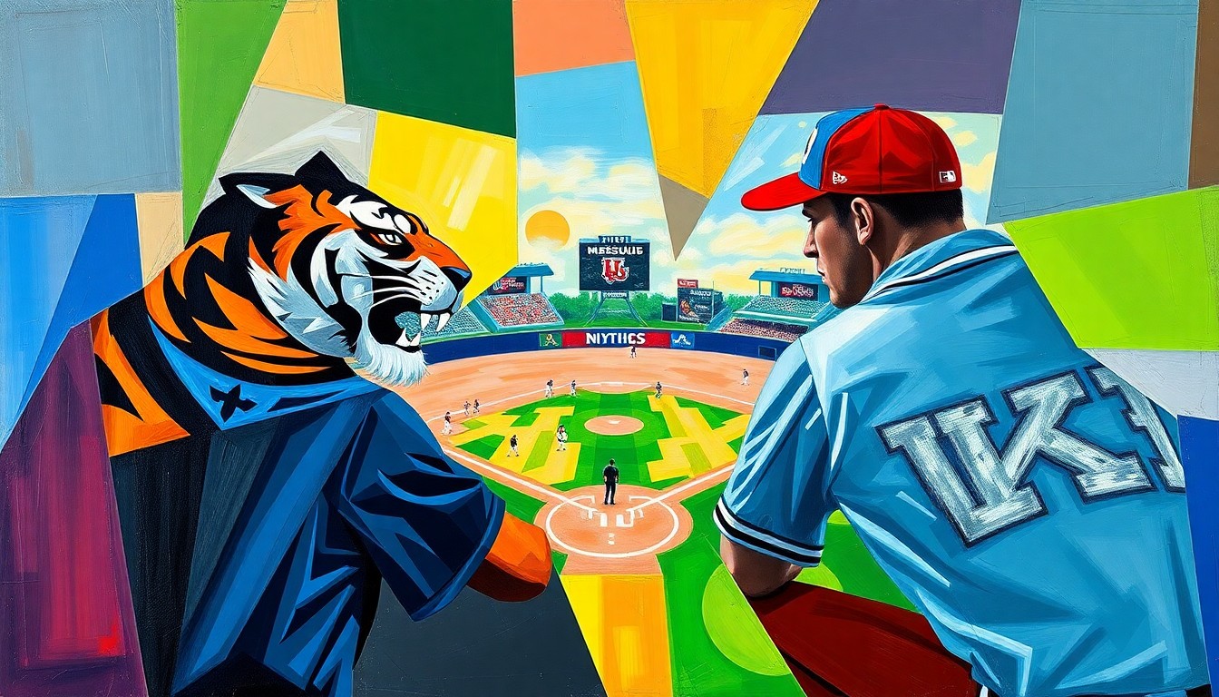 A cubist, geometric painting depicting a baseball game in motion, with overlapping planes of color representing the players and field of play.