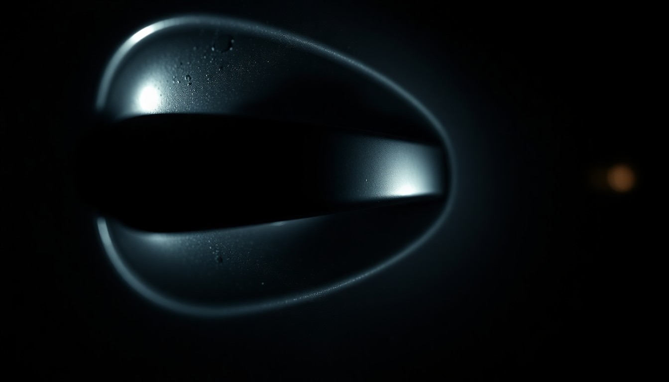 An extreme close-up photograph of a damaged car door handle, capturing the gritty and investigative nature of the incident through the use of harsh, direct lighting and a stark, black background.