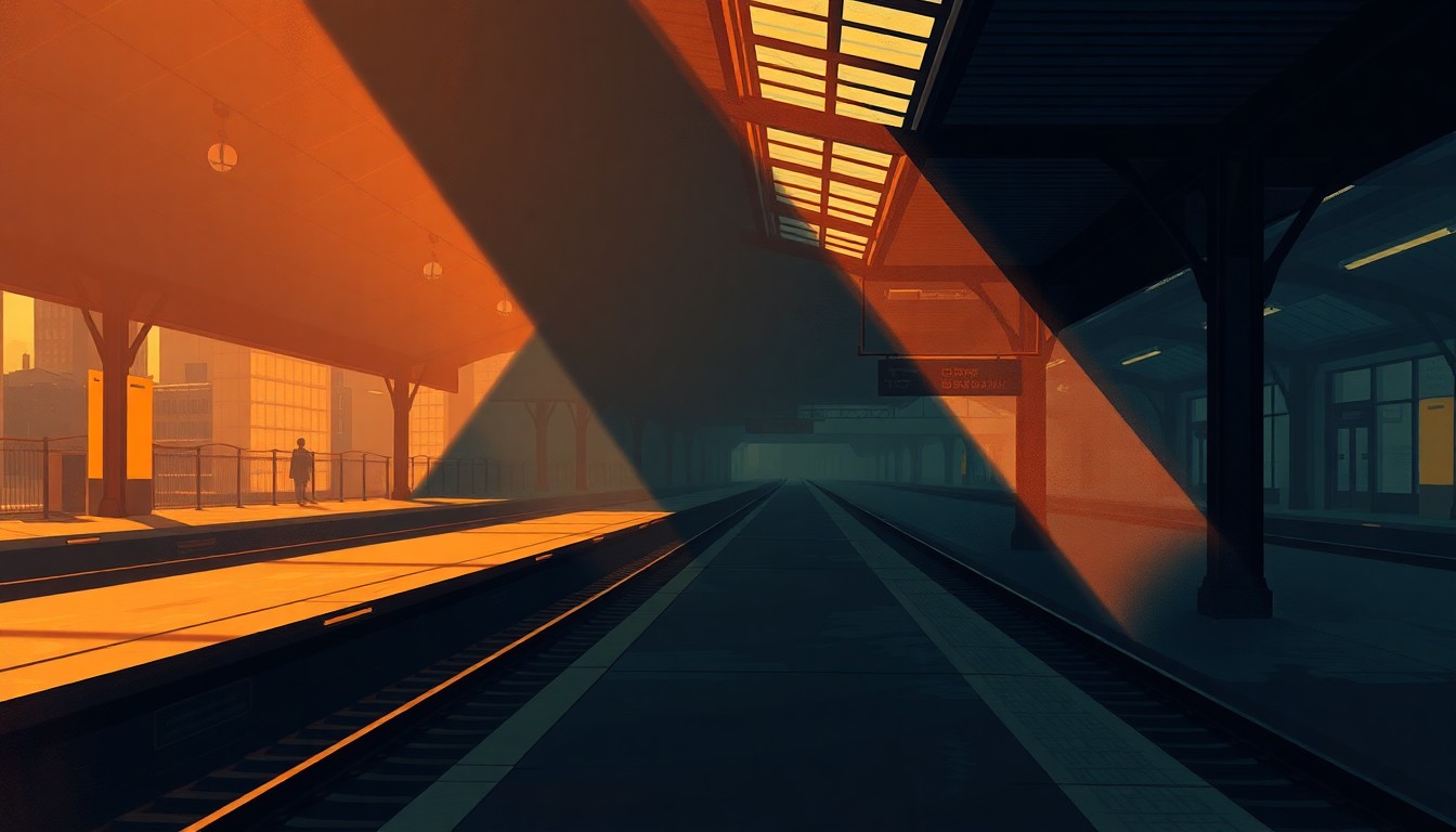 A serene, photorealistic painting of an empty train platform at a deserted urban station, with warm sunlight casting long shadows across the scene, conveying a sense of melancholy and unfulfilled potential.