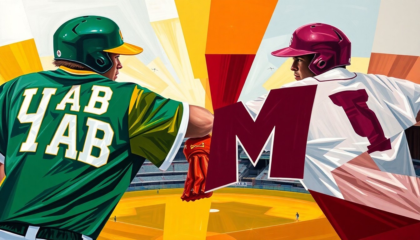 A cubist, geometric painting depicting the dynamic action of a college baseball game, with the contrasting uniforms of UAB and Mississippi State colliding in an abstract, fragmented composition.