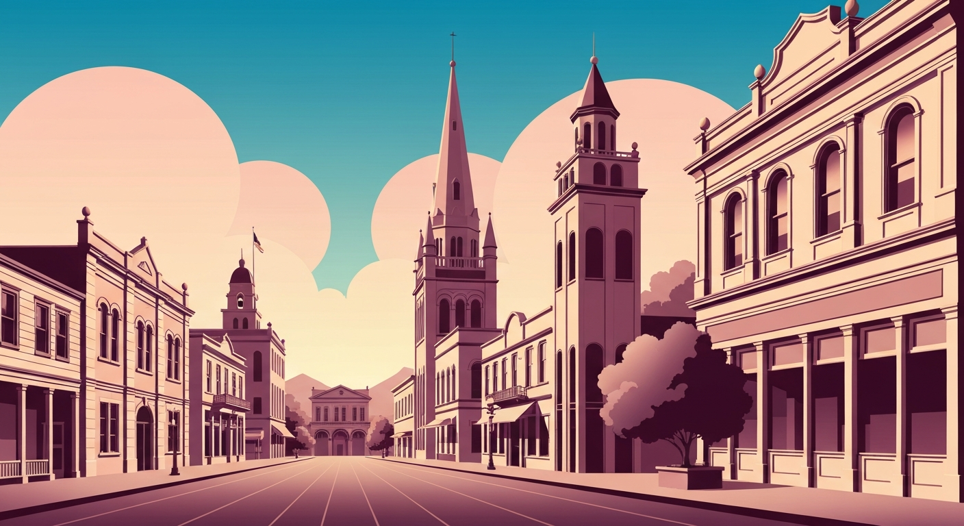 A bold, geometric illustration in the Art Deco style, depicting the sweeping, towering architecture of Yreka's historic downtown against a backdrop of smooth, gradient-filled skies, capturing the grand scale and romance of travel in this small California town.